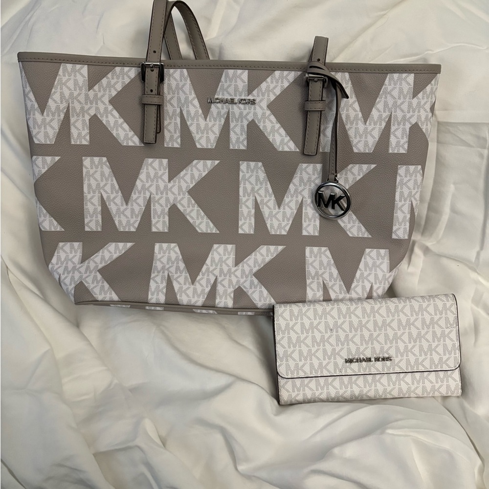 Michael Kors Beige and White Logo Tote and Wallet